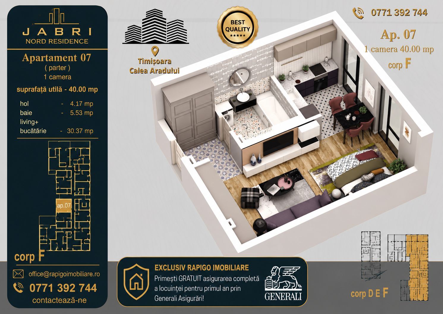 Apartament 07, Corp F – Studio | 40,29 mp | Jabri Nord Residence