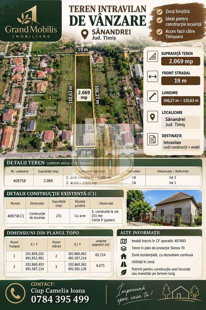 Teren 2.070 mp în Sânandrei, front 19 ml, casă locuibilă și utilități