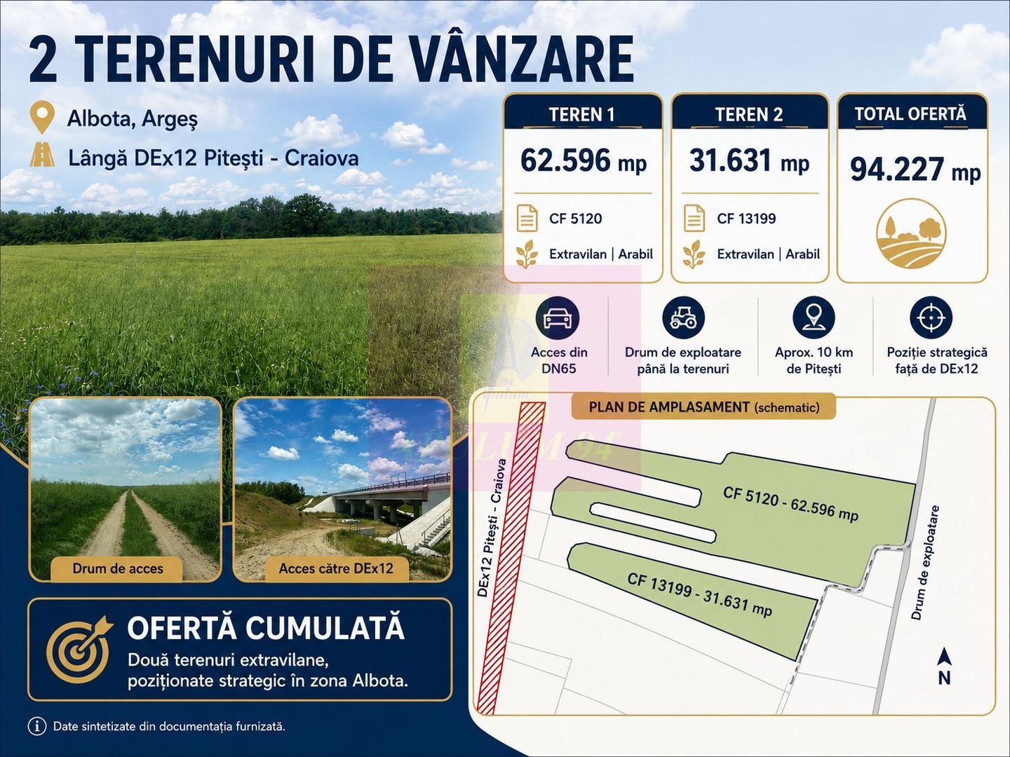 Teren 94.227 mp Albota, lângă DEx12 | 2,39 €/mp | 2 parcele