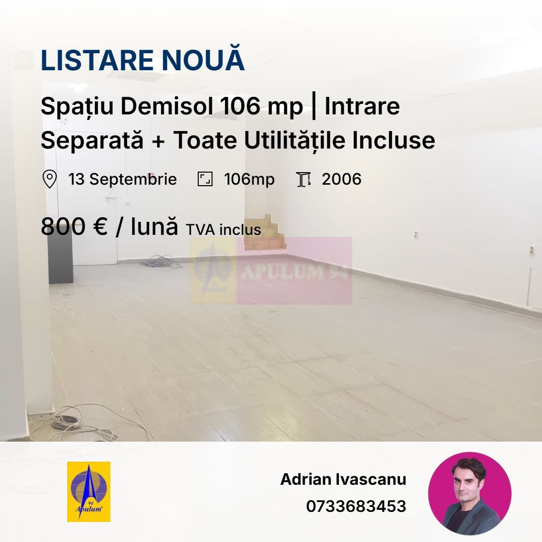 Spațiu Demisol 106 mp | Intrare Separată + Toate Utilitățile Incluse