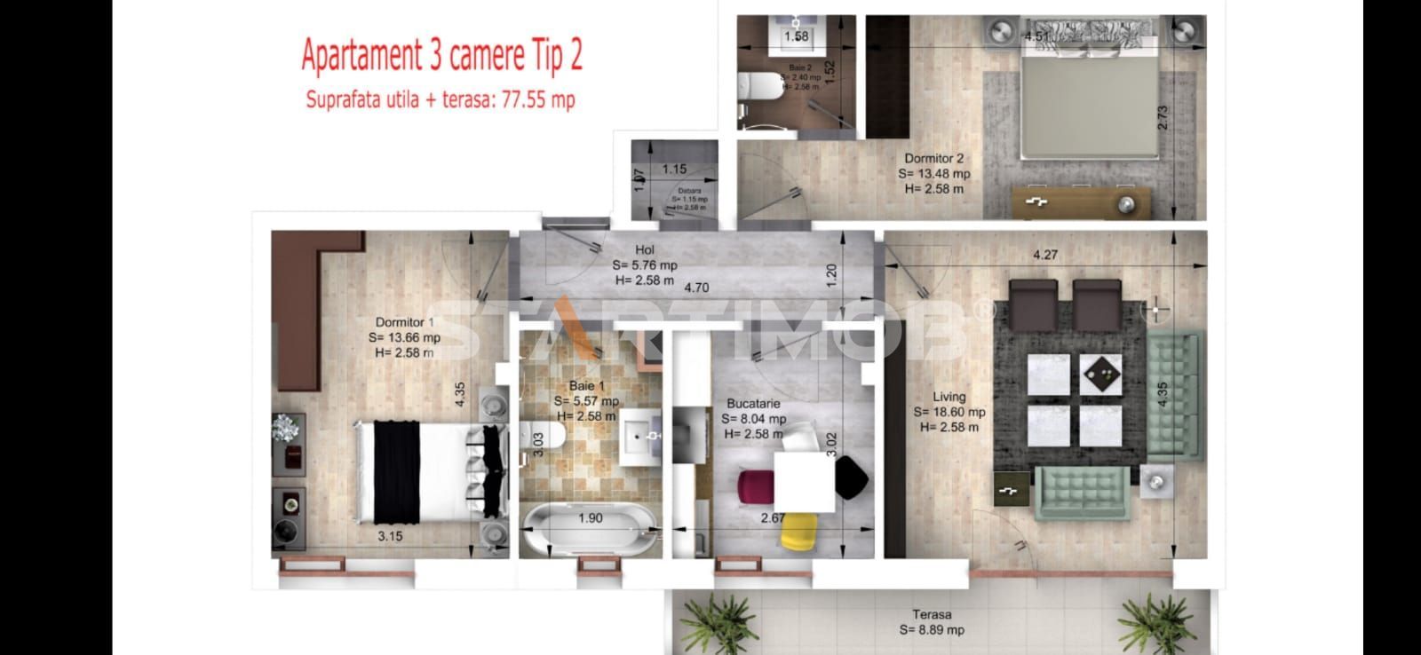 Apartament mobilat 3 camere cu parcare subterana