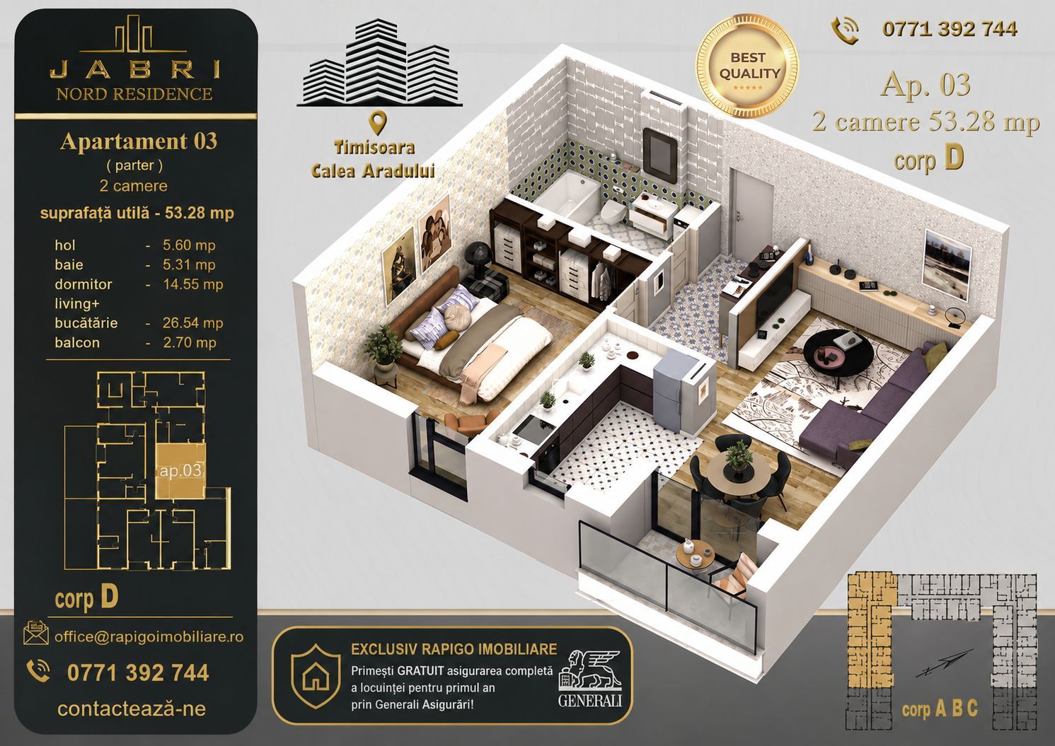 Apartament 03D, Corp D – 2 camere | 53,28 mp | Jabri Nord Residence