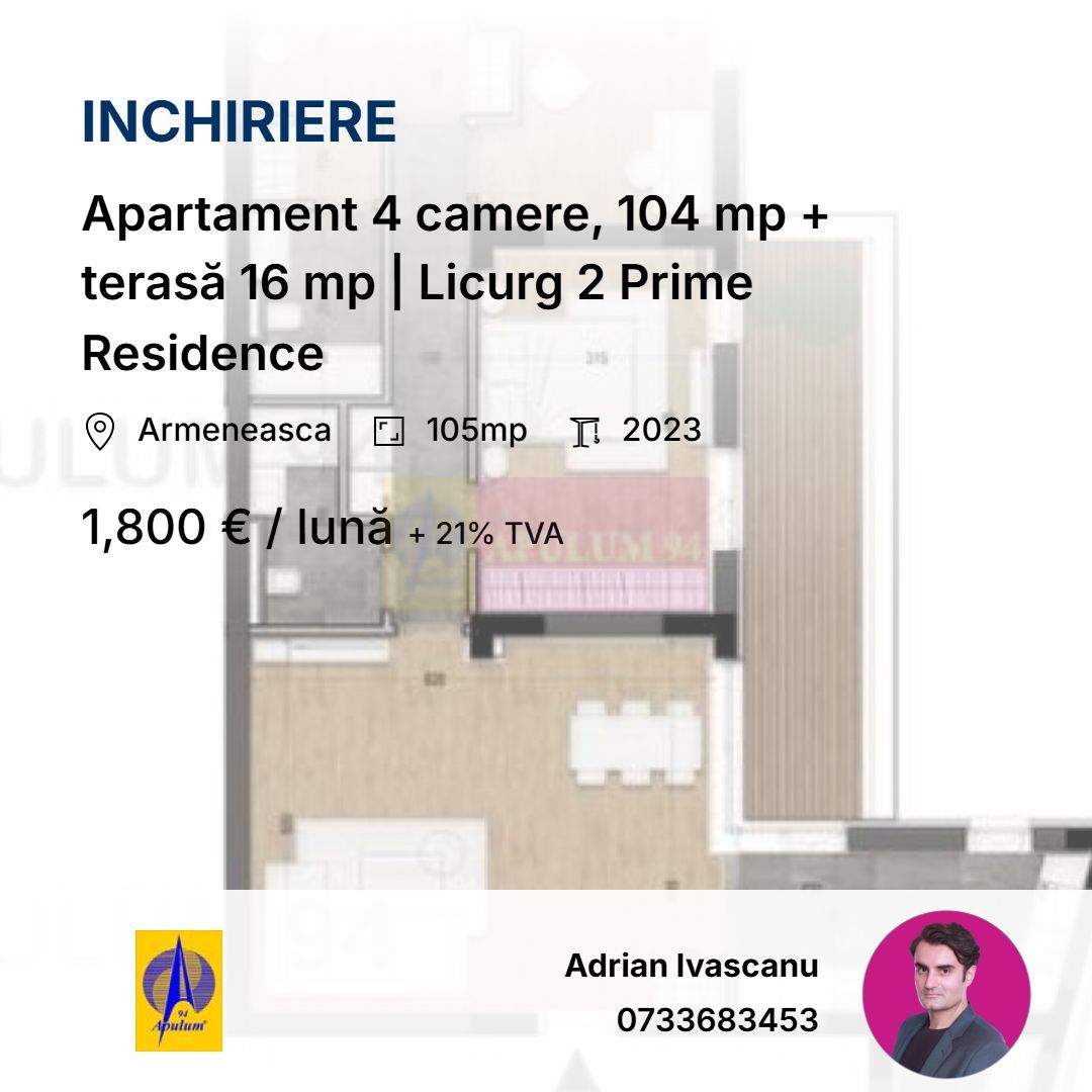 Apartament 4 camere, 104 mp + terasă 16 mp | Cartierul Armenesc