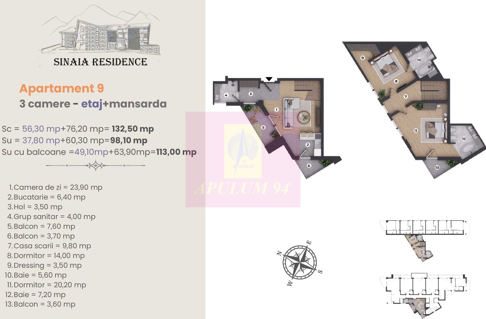 Apartament cu 3 camere cu finisaje de LUX in Sinaia la etaj + mansarda