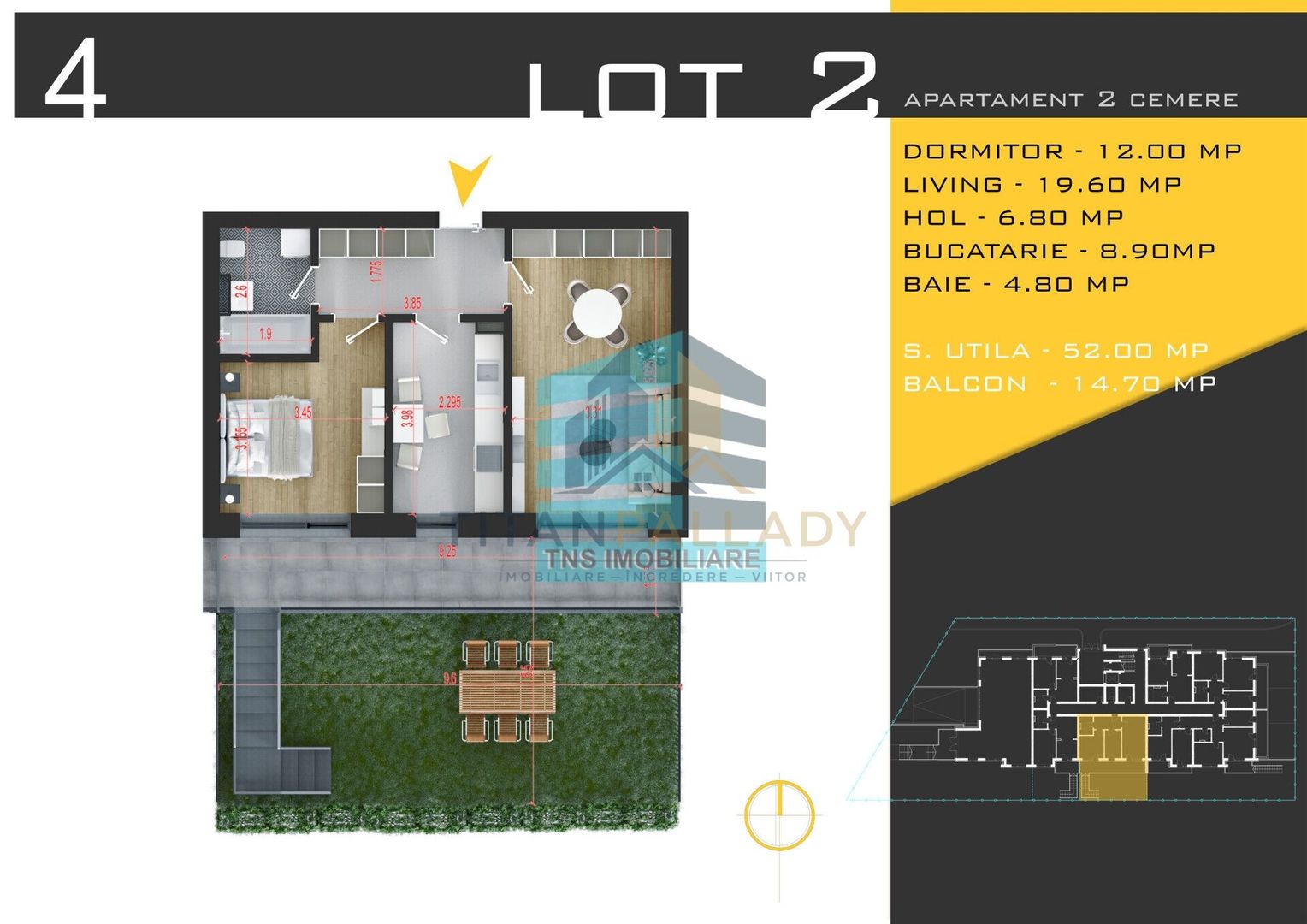 Apartament Modern 2 Camere, 54 mp Grădină, Pallady – Teclu