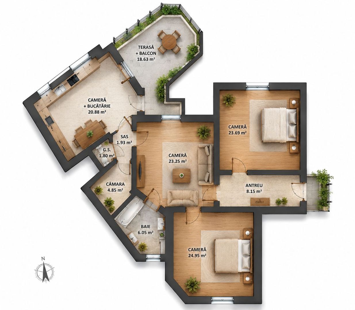 Imagine 6 - Apartament cu 4 camere si terasa si curte proprie, langa primarie