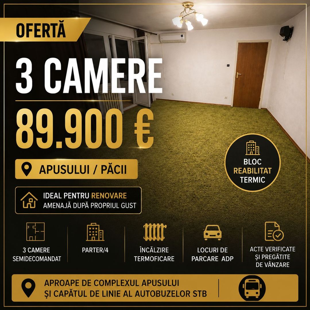 De vanzare apartament 3 camere Gorjului/Apusului A258
