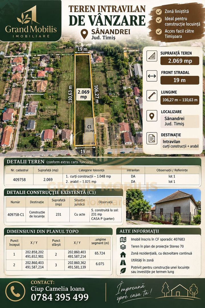 Teren 2.070 mp în Sânandrei, front 19 ml, casă locuibilă și utilități