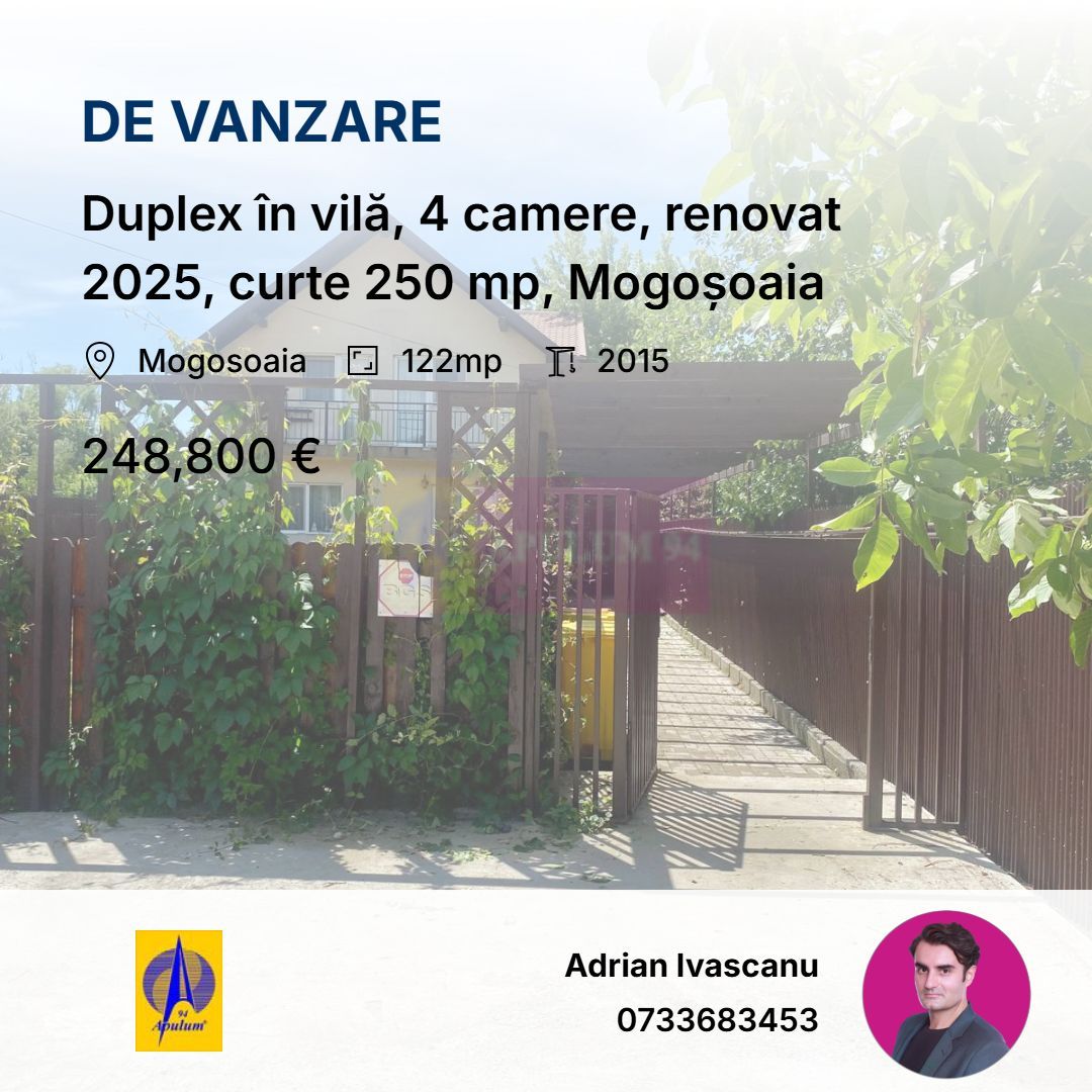 Duplex în vilă, 4 camere, renovat 2025, curte 250 mp, Mogoșoaia